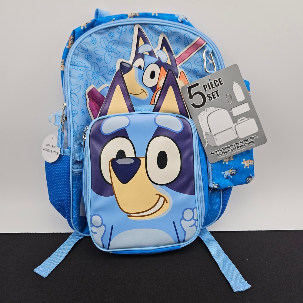 Bluey and Bingo Kids‎ 5 Piece Backpack Set with Lunch Bag Water Bottle Blue New